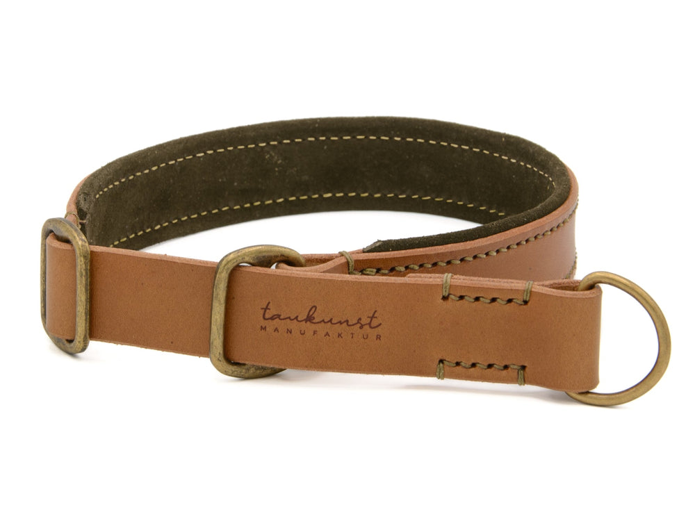 Braunes Lederhalsband mit metallischen Beschlägen und D-Ring, dekoriert mit heller Naht. Perfekt für Hunde.