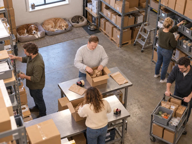 AI-generated warehouse scene viewed from above: Five people pack and pick orders while two dogs and a cat rest at the side.