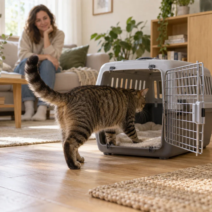 Getigerte Katze erkundet eine offene Transportbox mit einer hellen Decke im Wohnzimmer