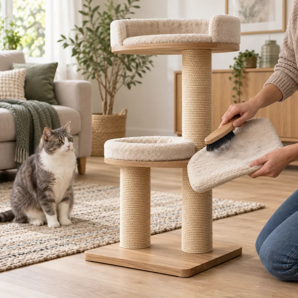 Eine Polsterbürste entfernt Haare von einem Katzenbaum-Kissen, während eine Katze daneben sitzt