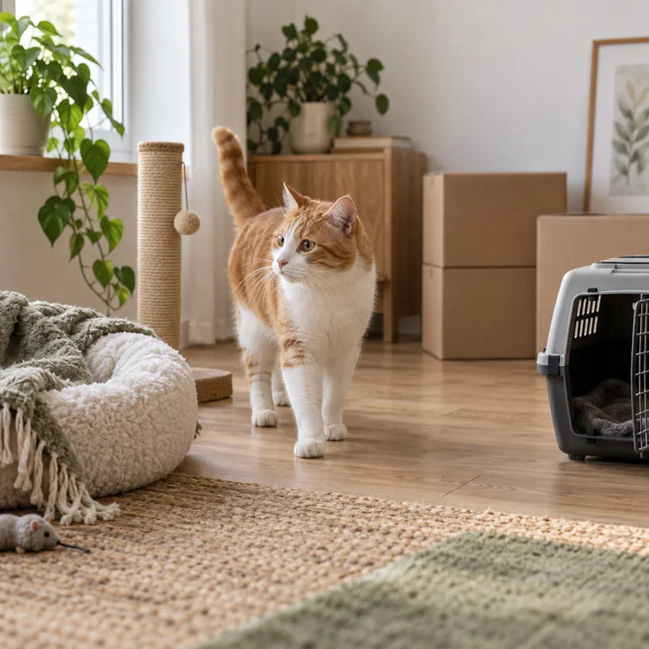 Rot-weiße Katze erkundet einen ruhigen Raum mit ihrem Bett, offener Transportbox und Umzugskartons
