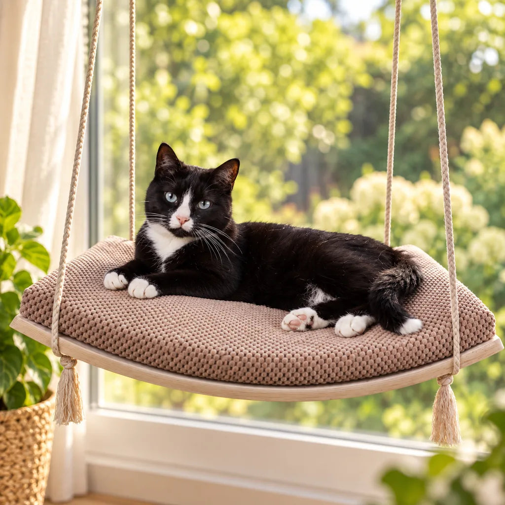 Schwarz-weiße Katze auf der gepolsterten Cat’s Atelier Fensterliege im warmen Tageslicht.