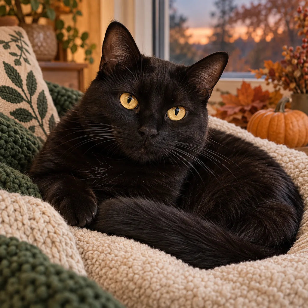 Schwarze Katze auf einem gemütlichen Kissen mit dezentem Kürbis im herbstlichen Hintergrund.