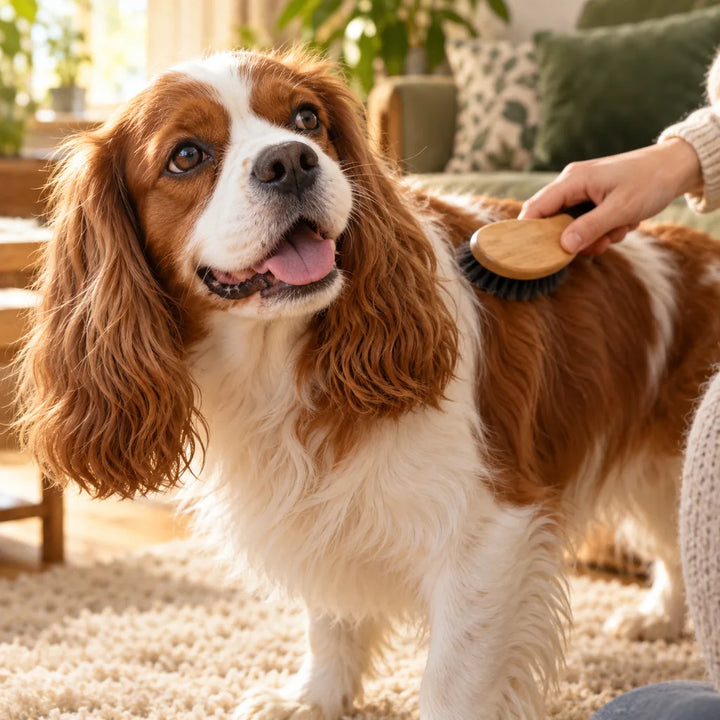 Entspannter Spaniel bei einer sanften Berührung mit der Bürste im hellen Wohnzimmer.