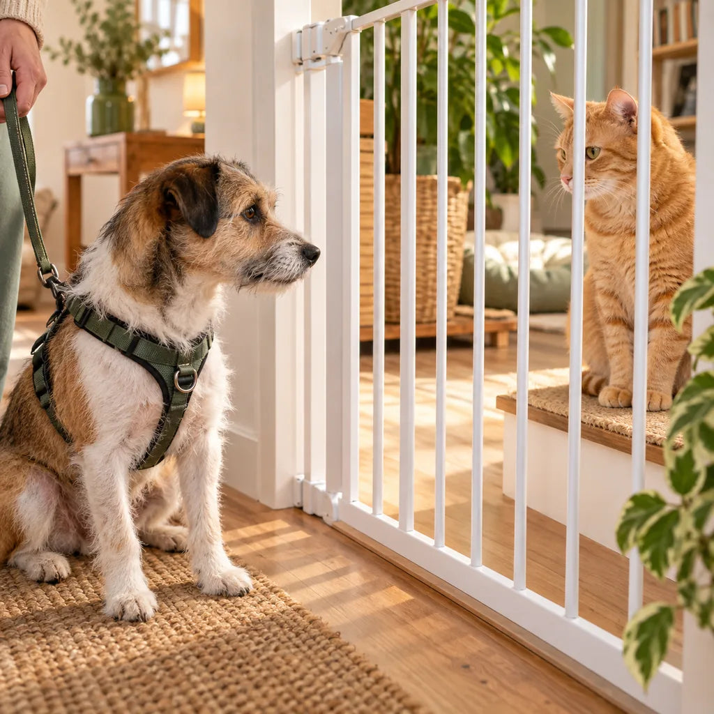 Ruhiger Hund und Katze lernen sich mit Abstand an einem Schutzgitter kennen.