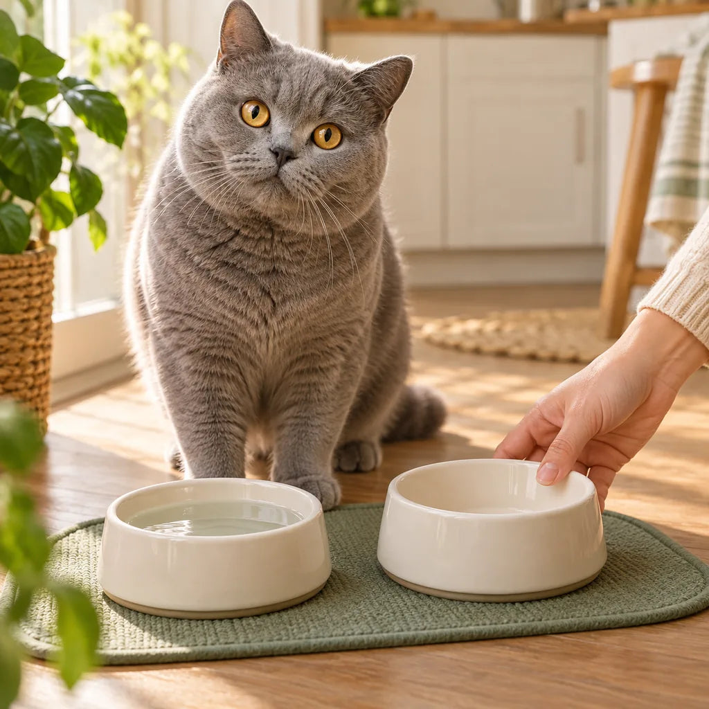 Neugierige Katze neben sauberen Keramiknäpfen mit frischem Wasser an ihrem Futterplatz.