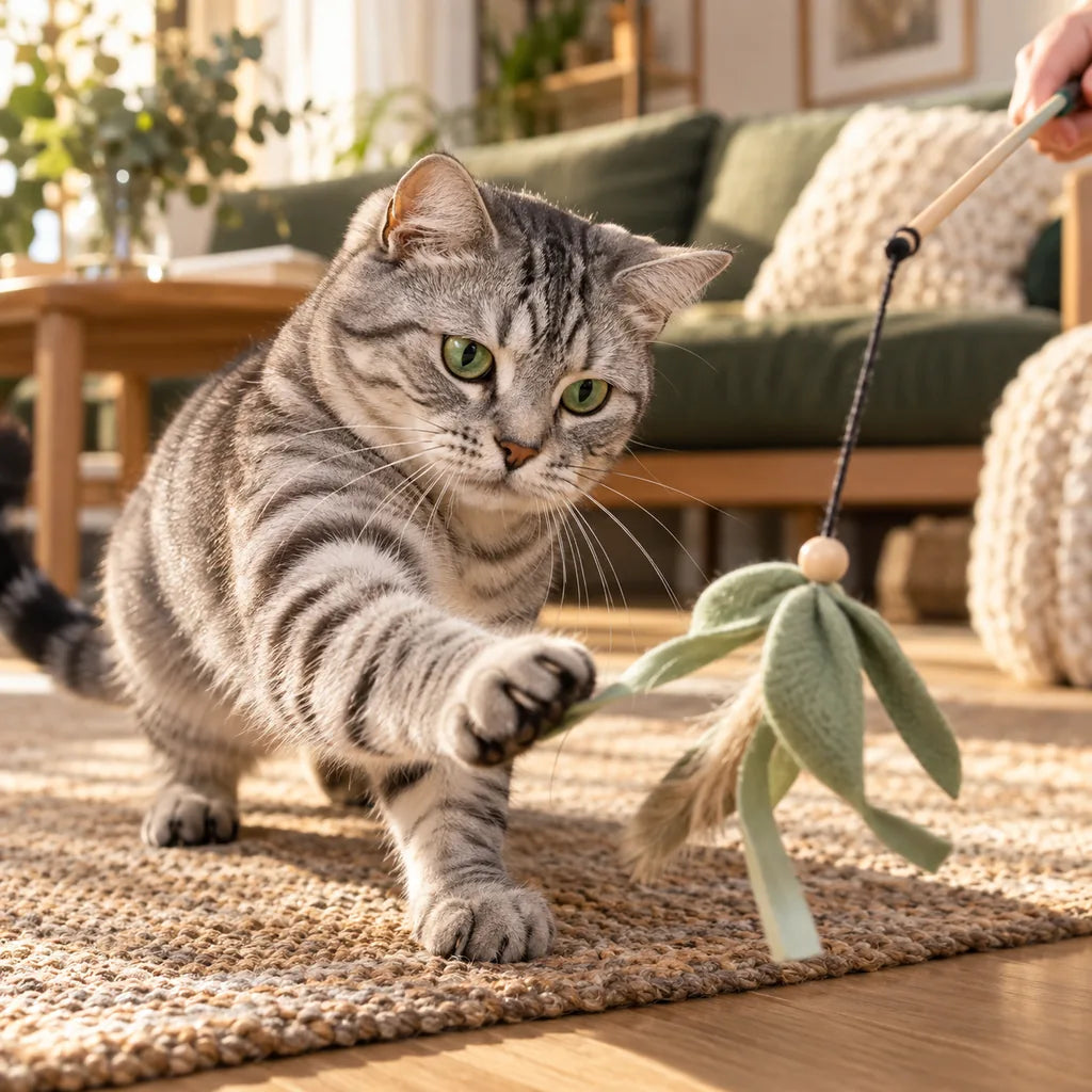 Aufmerksame getigerte Katze spielt unter Aufsicht mit einer Spielangel.