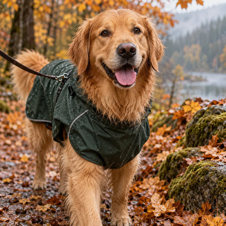 Golden Retriever mit grünem Regenmantel beim Spaziergang im herbstlichen Wald.