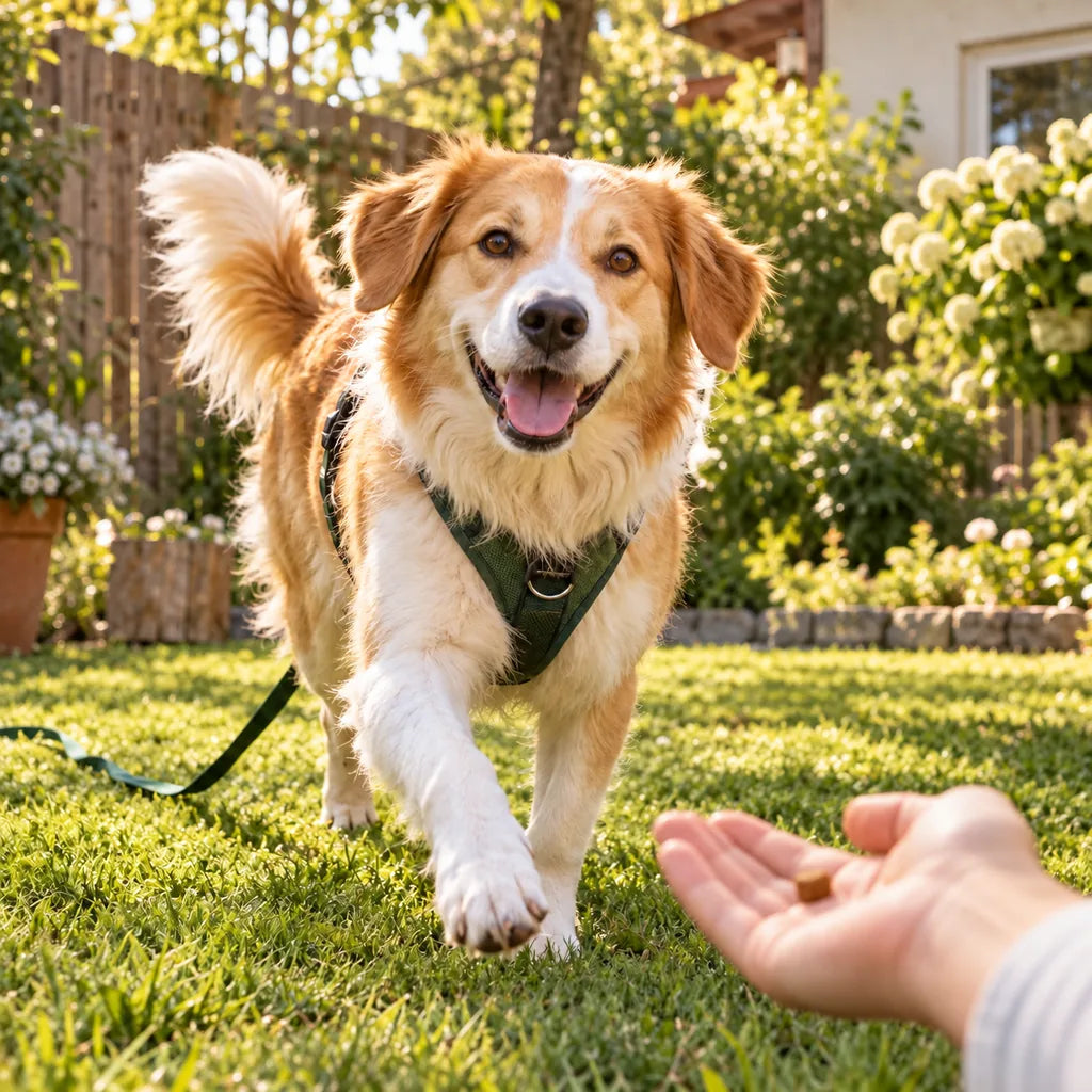 Fröhlicher Hund kommt beim gesicherten Rückruftraining im Garten zu seiner Bezugsperson.