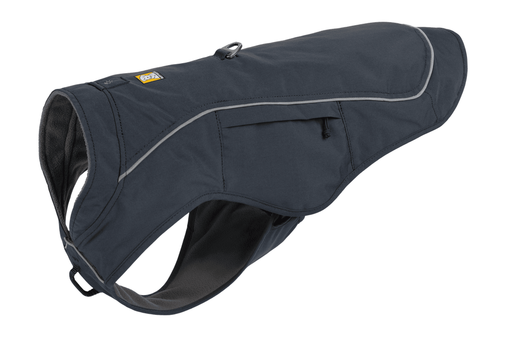 Blaue wetterfeste Hundejacke mit grauen Details, Reißverschluss und Tasche für bequemes Tragen.