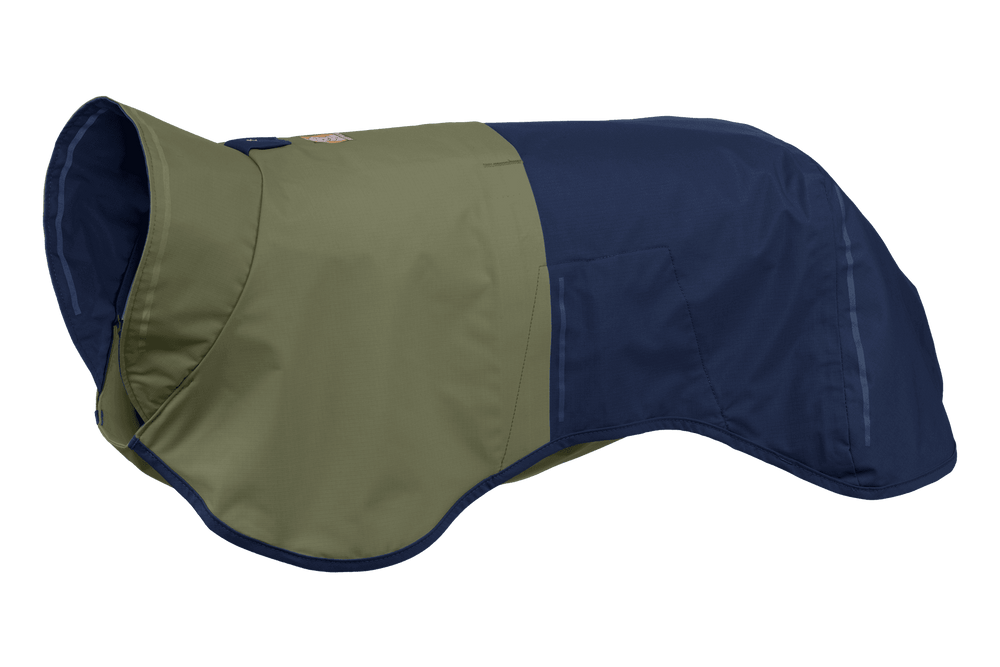 Hundemantel Sun Shower™ in Olivgrün und Navyblau, wasserabweisend, mit hohem Kragen und seitlicher Tasche für optimalen Schutz.