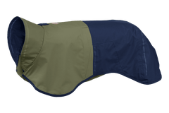 Hundemantel Sun Shower™ in Olivgrün und Navyblau, wasserabweisend, mit hohem Kragen und seitlicher Tasche für optimalen Schutz.