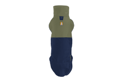 "Hundemantel Sun Shower™ in Olivgrün und Dunkelblau, hochkragen, geschirrkompatibel, ideal für kaltes Wetter."