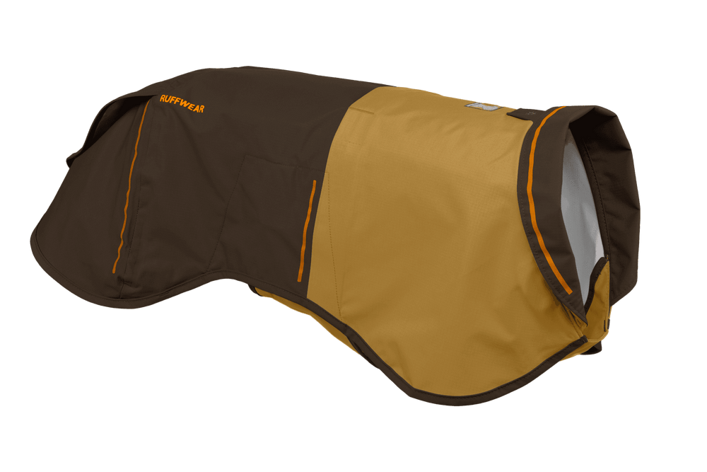 Braun-gelber Sun Shower™ Regenmantel für Hunde mit Klettverschluss, ideal für Outdoor-Aktivitäten bei Regen.