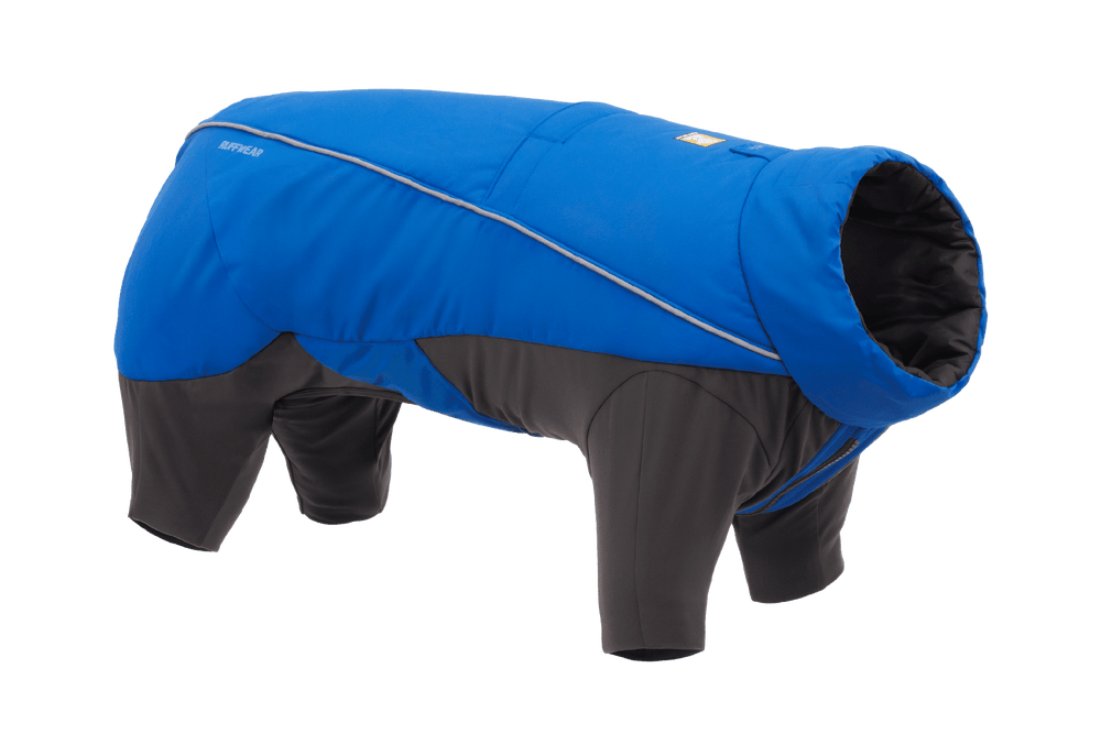 Blauer Schneeanzug für Hunde mit grauen Elementen, wasserabweisend und thermisch isoliert, ideal für kalte Tage.