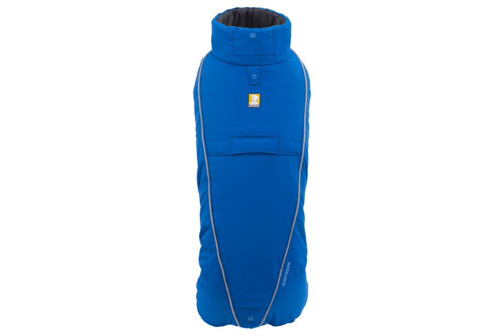 Blauer Vert™ Coverall Schneeanzug für Hunde mit Kapuze und Tasche, idealer Komfort für kalte Tage.
