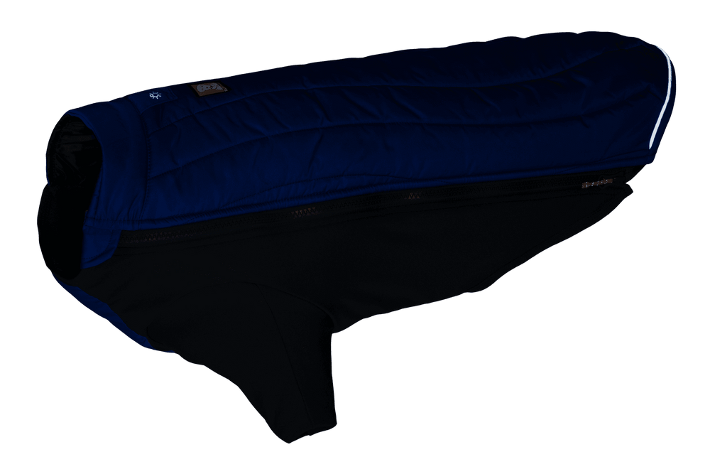 Hundejacke Powder Hound™ in Blau und Schwarz, gepolstert mit glänzender Oberfläche und elastischem unteren Teil.