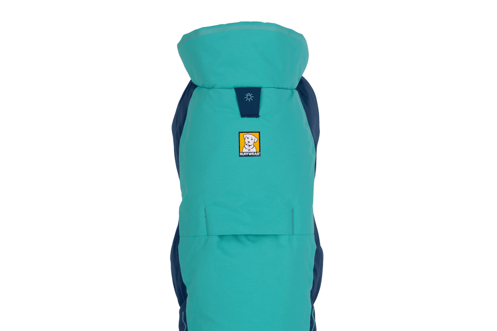 "Vert™ Jacke in Aqua- und Dunkelblau mit durchgehendem Reißverschluss und abgerundetem Kopfbereich, markiert mit Logo."