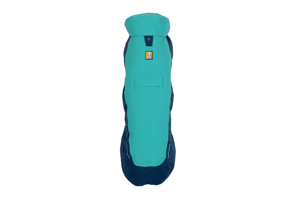 Türkise Vert™ Jacke mit Kapuze und dunklem unteren Bereich, ideal für Outdoor-Aktivitäten und warmen Schlafkomfort.