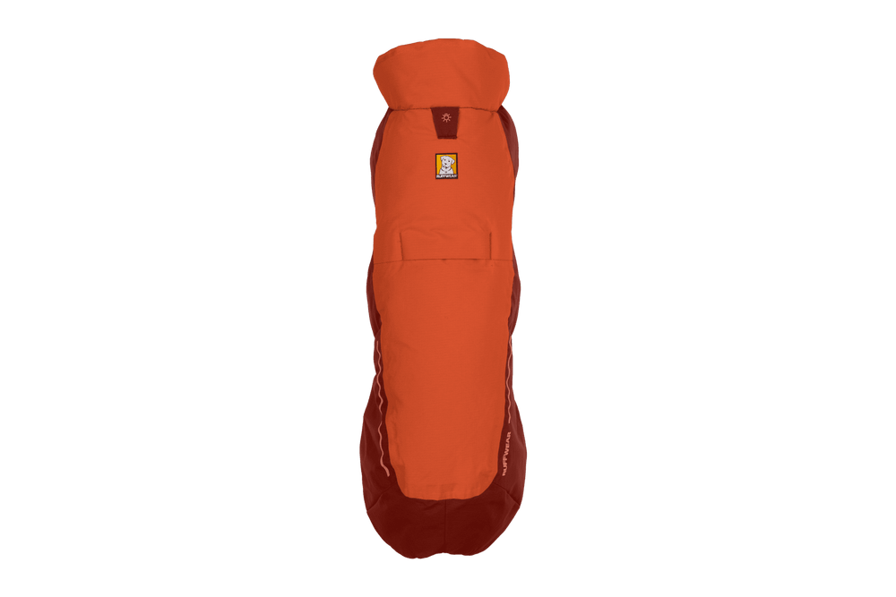 Orangefarbene Vert™ Jacke mit ergonomischer Form, Kapuze und durchgängiger Reißverschlusstasche für Outdoor-Aktivitäten.