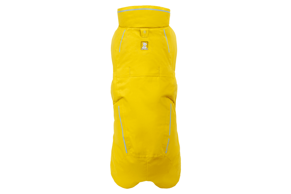 Gelbe Hundejacke von Vert™ mit hohem Kragen, reflektierenden Elementen und wasserabweisendem Material für kalte Tage.