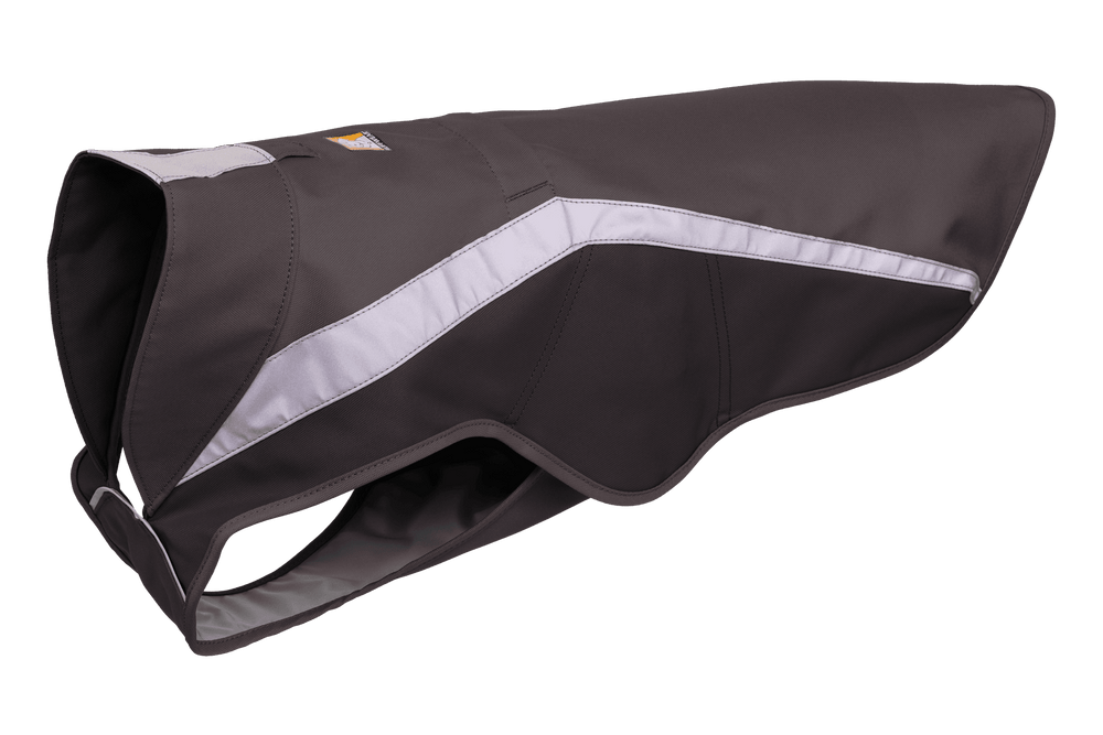 Hundemantel in Dunkel mit reflektierenden Streifen, wind- und wasserabweisend für kaltes Wetter, ergonomischer Schnitt.