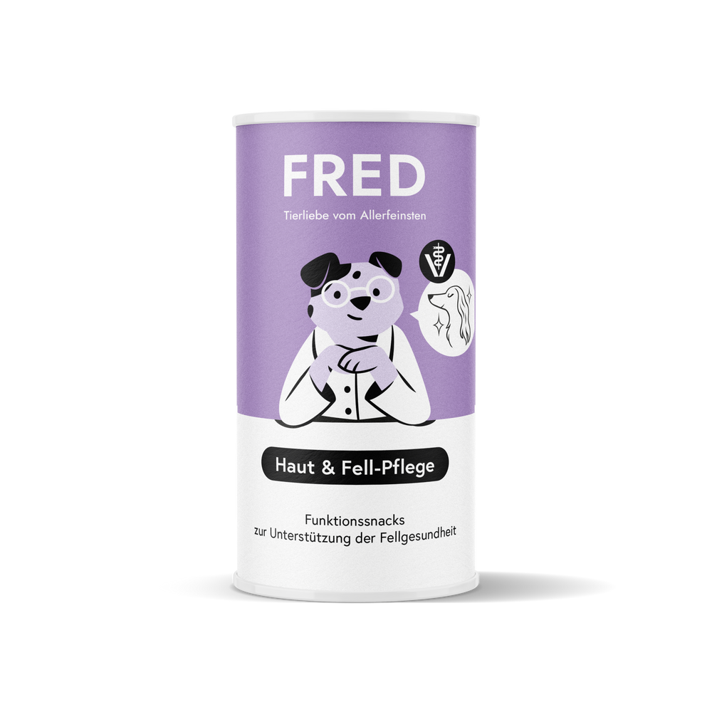 Funktionssnack Haut & Fell-Pflege für Tiere in lila Dose mit Hund, unterstützt gesunde Haut und glänzendes Fell.