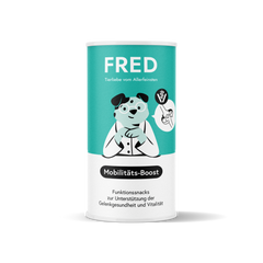 Funktionssnack Mobilitäts-Boost von FRED zur Unterstützung der Gelenkgesundheit in moderner Verpackung mit Hundemaskottchen.