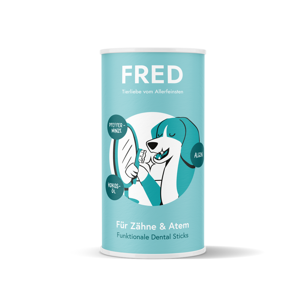 Türkise Verpackung der FRED Dental Sticks mit weißem und schwarzem Design, ideal für gesunde Zähne von Hunden.