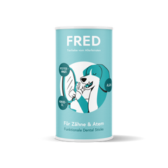 Türkise Verpackung der FRED Dental Sticks mit weißem und schwarzem Design, ideal für gesunde Zähne von Hunden.