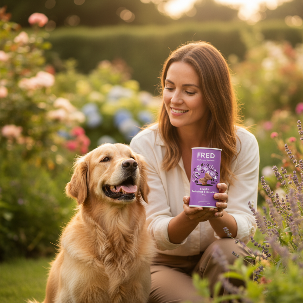 FRED Snacks Kaninchen & Rote Bete Minis im Garten, Frau mit Hund und Leckerli, ideal für Training und Belohnung.