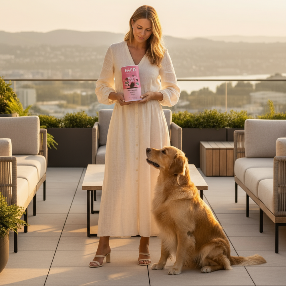 FRED Soft Snacks Lamm im 2er Set für Hunde, zarte Trainings-Leckerli in pinker Verpackung auf sonniger Terrasse.