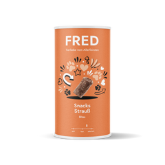 FRED Snacks Strauß 2er Set für Hunde, luftgetrocknete Straußensnacks in orangefarbener Verpackung mit Pfotenabdrücken.