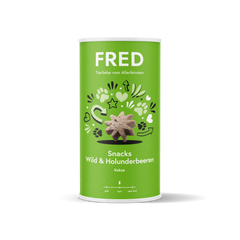 FRED Snacks Wild & Holunderbeeren 4er Set in grüner Verpackung, leckere Hundesnacks mit Wildfleisch und Holunderbeeren.