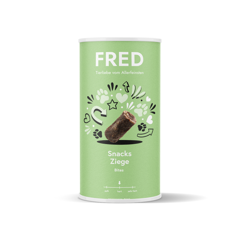FRED Snacks Ziege 2er Set für Hunde, luftgetrocknete Ziegenfleisch-Snacks, ohne Zusatzstoffe, ideal für empfindliche Hunde.