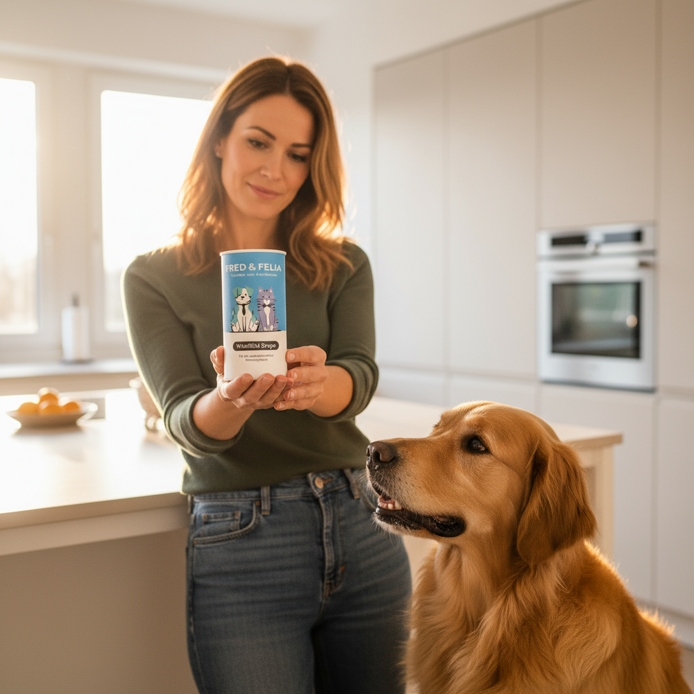 Wohlfühl-Drops Set für Hunde und Katzen zur Unterstützung des Wohlbefindens in moderner Küche mit Golden Retriever.