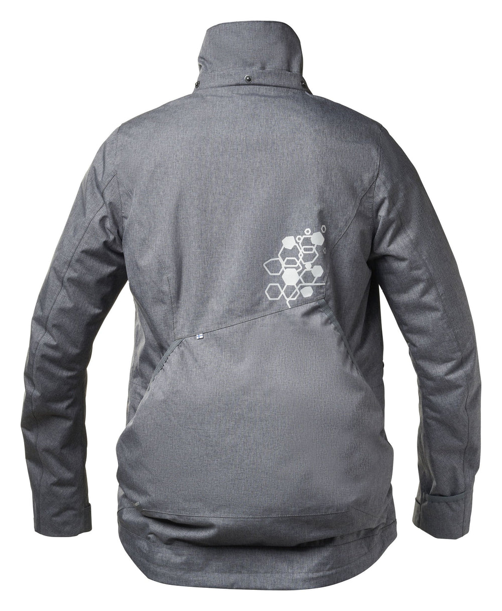 Graue Trainingsjacke mit hohem Kragen, Reißverschluss und grafischem Hexagon-Muster auf der Rückseite. Ideal für sportliche Aktivitäten.