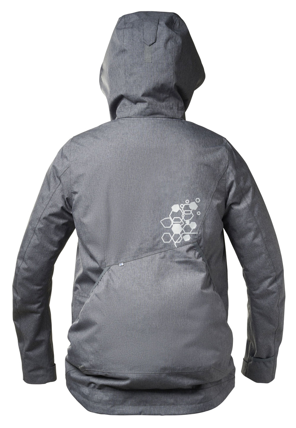 Graue Trainingsjacke mit Kapuze, strukturierter Oberfläche und hexagonalem Muster, von hinten fotografiert.