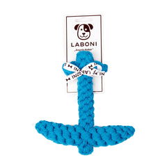 Blaues Anker-Hundespielzeug aus Baumwolle von LABONI mit dekorativem Band - Angela Anker Kult-Spielzeug für Hunde.
