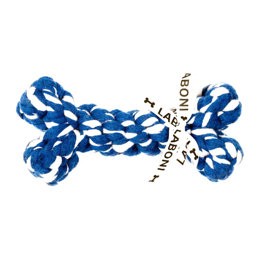 Bavarian Dreams Hundespielzeug-Set: geflochtener blauer Knochen mit Laboni-Etikett für glückliche Hunde.