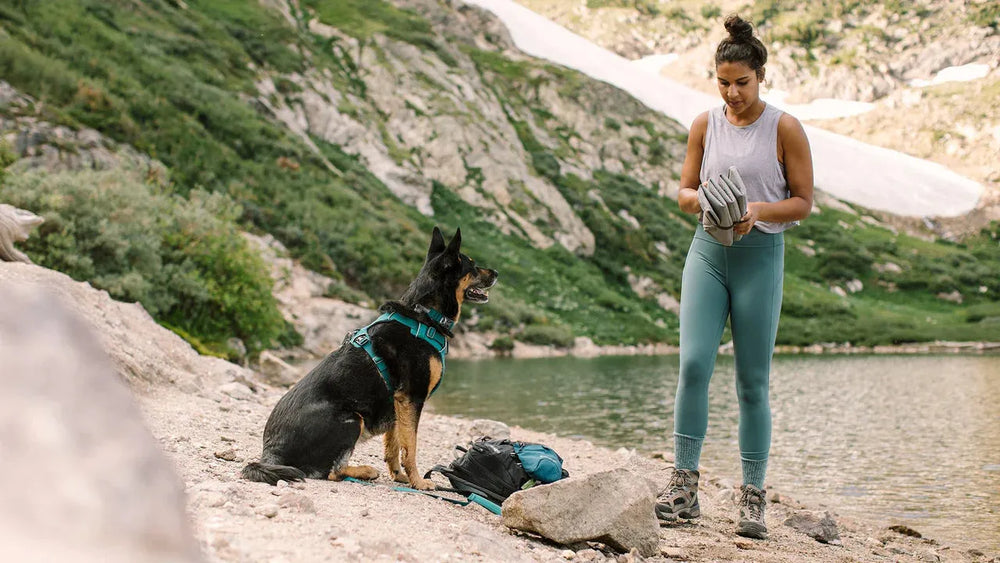Frau am Bergsee mit schwarzem Hund neben der Highlands™ Isomatte im Freien.
