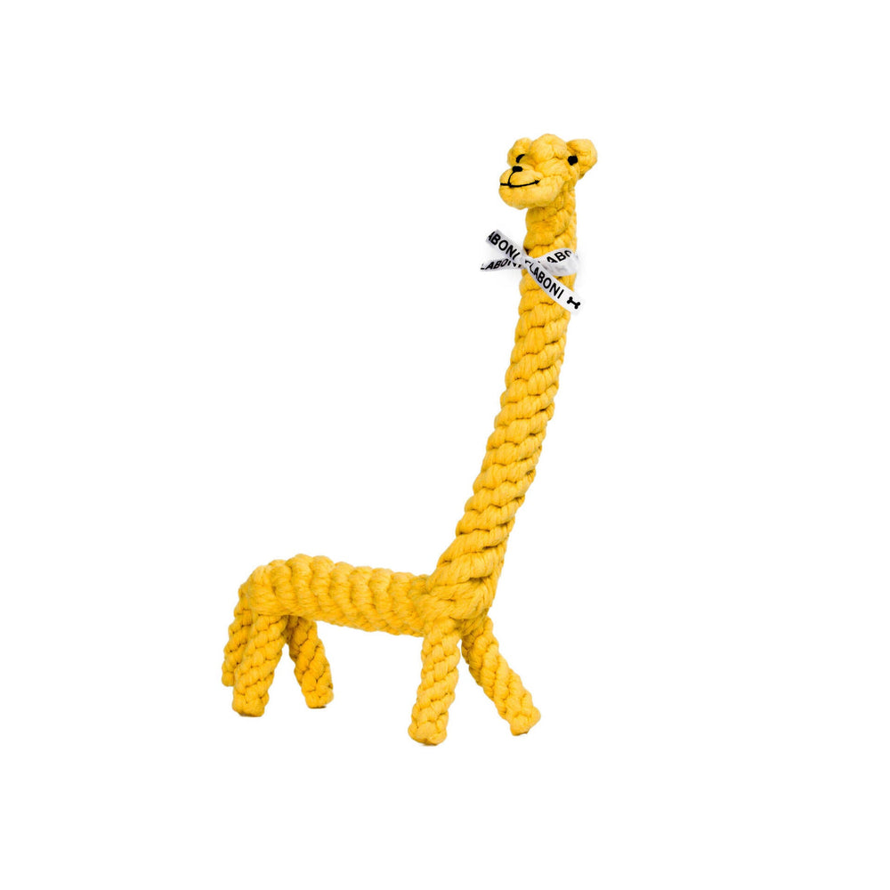 "Greta Giraffe: Gelbes, langlebiges Hundespielzeug aus geflochtenem Material mit lächelndem Gesicht."