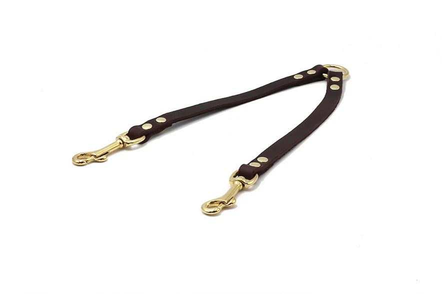 Brauner Lederriemen für zwei Hunde mit schwenkbaren Karabinern und goldfarbenen Nieten, edles Design für gemeinsame Spaziergänge.