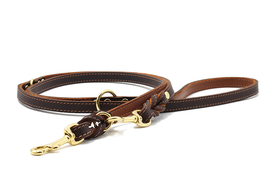 Braune Lederleine 2m mit goldenen Beschlägen und geflochtenem Ende, ideal für stilvolle Hundebesitzer.