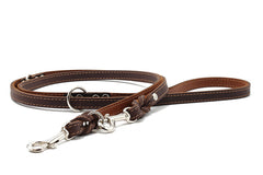 Braune Lederleine Klassik Premium 2m mit eleganter geflochtener Struktur und silberner Schnalle. Ideal für stilvolle Hundebesitzer.