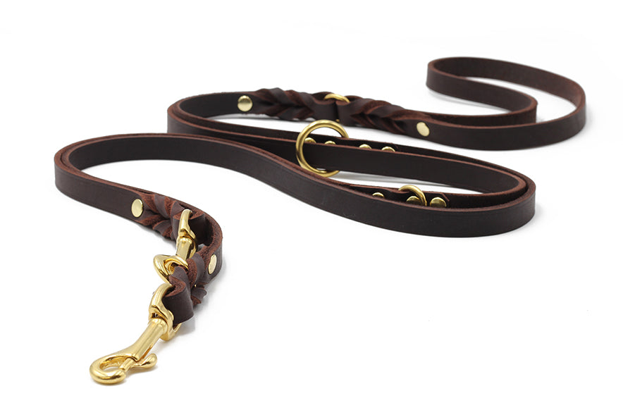 Braune Lederleine 3m mit glänzenden Messingbeschlägen und geflochtenen Details in geschwungener Form.