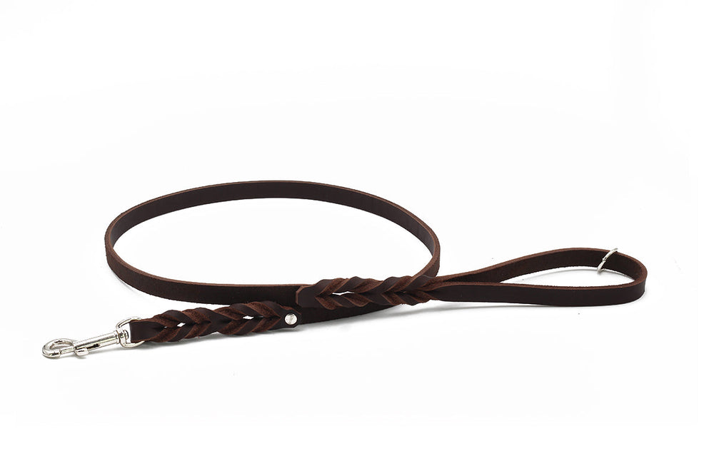 Robuste braune Fettlederleine für Hunde ab 1 Meter mit stabilem Karabiner und weichem Griff.