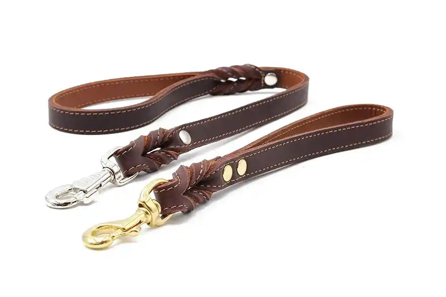 Zwei edle Hundeleinen aus dunkelbraunem Leder mit helleren Nähten, eine mit silbernem und eine mit goldfarbenem Karabinerhaken.