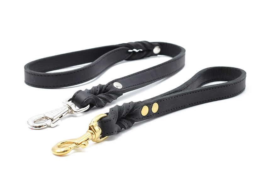 Schwarze Lederhundeleinen mit silbernem und goldenem Karabinerhaken sowie Nietenverzierungen. Ideal für stilvolle Hundebesitzer.