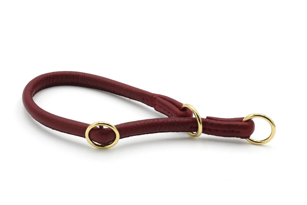 Rotes rundgenähtes Lederhalsband für Hunde mit goldfarbenen Ringen, elegante und hochwertige Oberfläche.